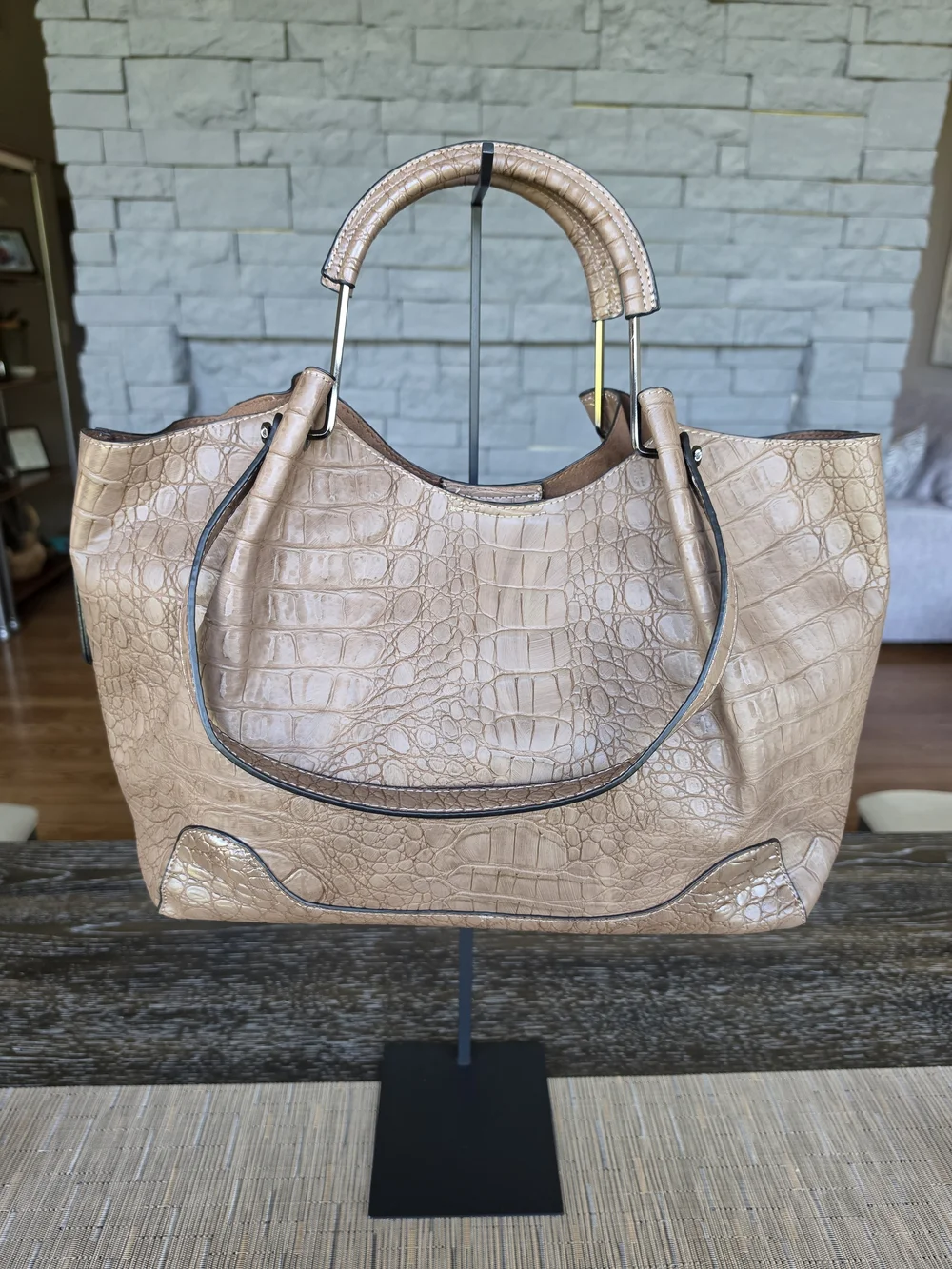 Sondra Roberts Squared Light Mocha Croc-Embossed Leather Tote Bag